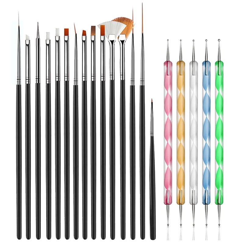 JOYJULY 20pcs Nail Art Design Tools, 15pcs Painting Brushes Set with 5pcs Dotting Pens, BLACK â€¦ - Image 1